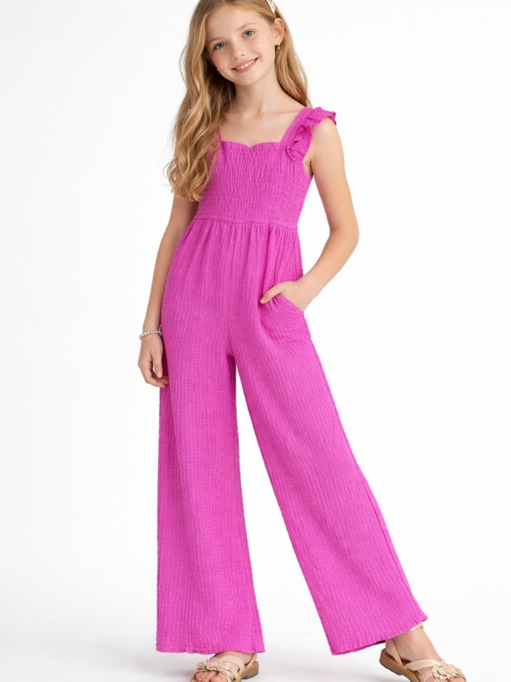 Zara Bright Fuchsia Smocked Wide-Leg Jumpsuit